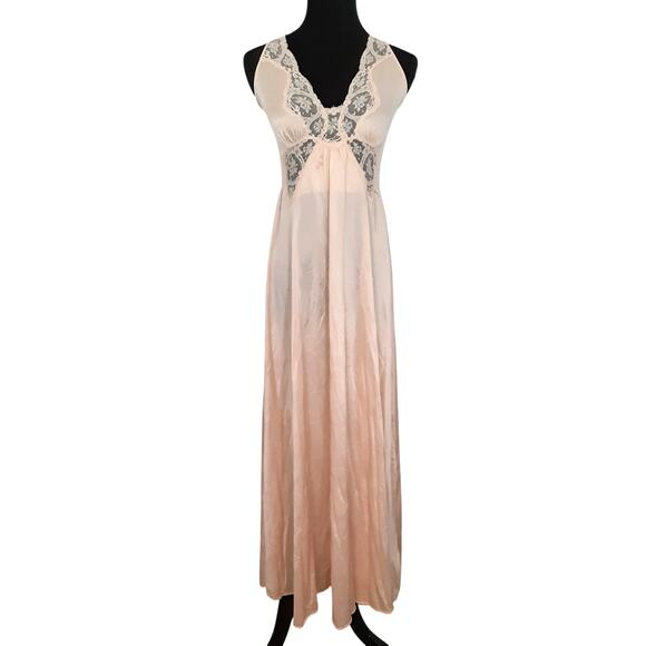 Vintage Olga 70s Full Sweep Gown Lingerie Satin Slip Dress Peach Lace Coquette - Picture 1 of 12